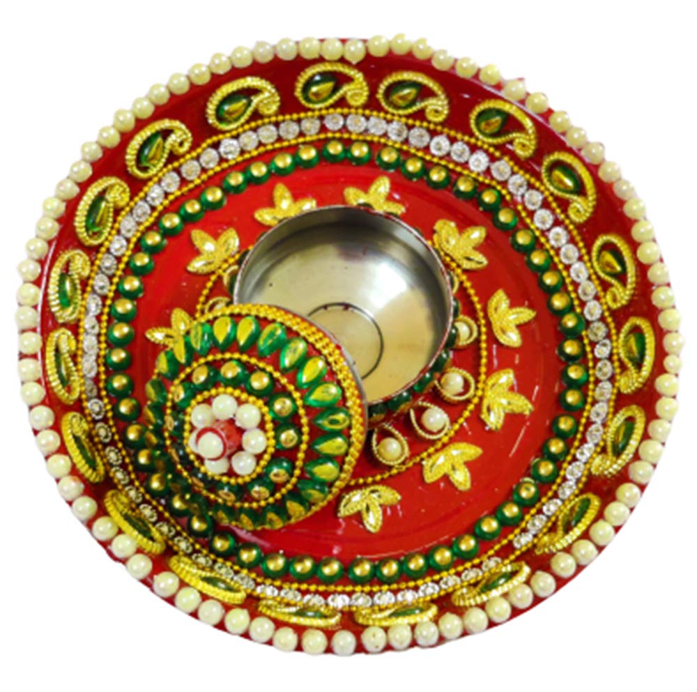 DMS RETAIL Red Decorative Designer Stainless Steel Puja Thali Set with Kumkum Holder for Temple and Home| Decorative Rakhi Thali|Tilak Thali|Kankavati for Pooja Thali dmsretail
