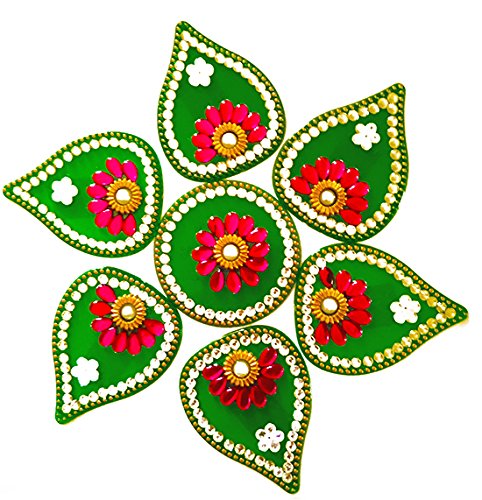 DMS RETAIL Single Piece Attractive Acrylic Stone and Pearl Kundan Pan Shape Rangoli - Multiple Design can be Done-Green dmsretail