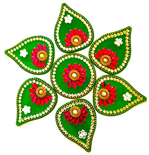 DMS RETAIL Single Piece Attractive Acrylic Stone and Pearl Kundan Pan Shape Rangoli - Multiple Design can be Done-Green dmsretail