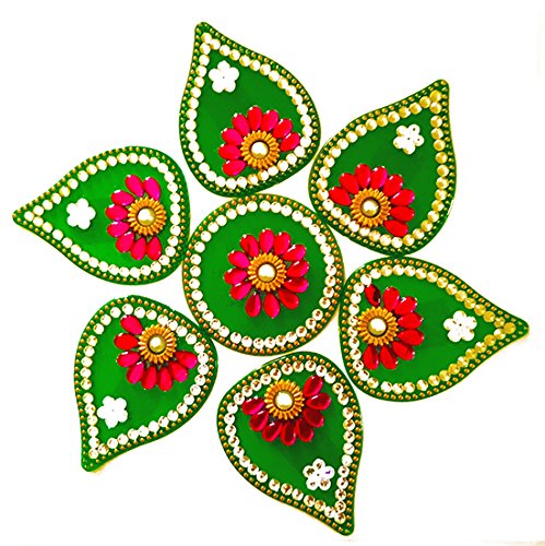 DMS RETAIL Single Piece Attractive Acrylic Stone and Pearl Kundan Pan Shape Rangoli - Multiple Design can be Done-Green dmsretail