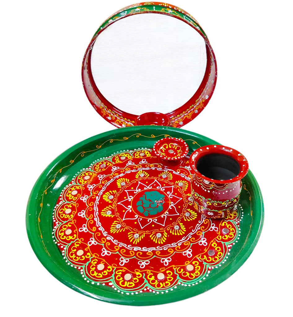 DMS RETAIL Stainless Steel Karwa Chauth Pooja Thali Set|Karwa Chauth Special Pooja Set of Steel Decorative Thali, Steel Channi, Decorative Kalash (Karwa) and Attached Diya dmsretail