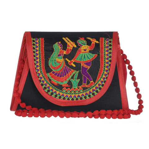 DMS RETAIL Traditional Kutchi Rajasthani Sling Bag Clutch Bag Embroiderey Sling Bag For Women And Girls Black Multicolored dmsretail