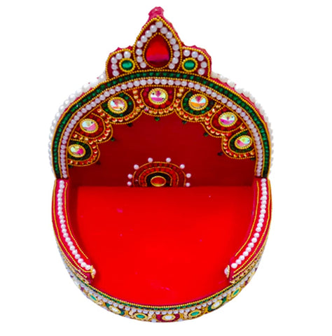 DMS RETAIL Wooden Handcrafted Pearl Stone Studded Red Velvet Sinhasan for Mandir|Sihasan for Laddu Gopal|Shihasan for God (10 Inch) dmsretail