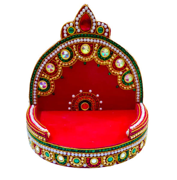 DMS RETAIL Wooden Handcrafted Pearl Stone Studded Red Velvet Sinhasan for Mandir|Sihasan for Laddu Gopal|Shihasan for God (10 Inch) dmsretail