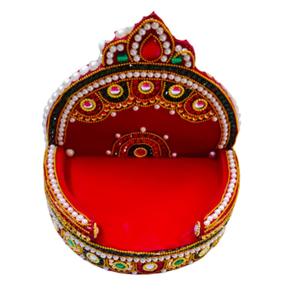 DMS RETAIL Wooden Handcrafted Pearl Stone Studded Red Velvet Sinhasan for Mandir|Sihasan for Laddu Gopal|Shihasan for God (10 Inch) dmsretail