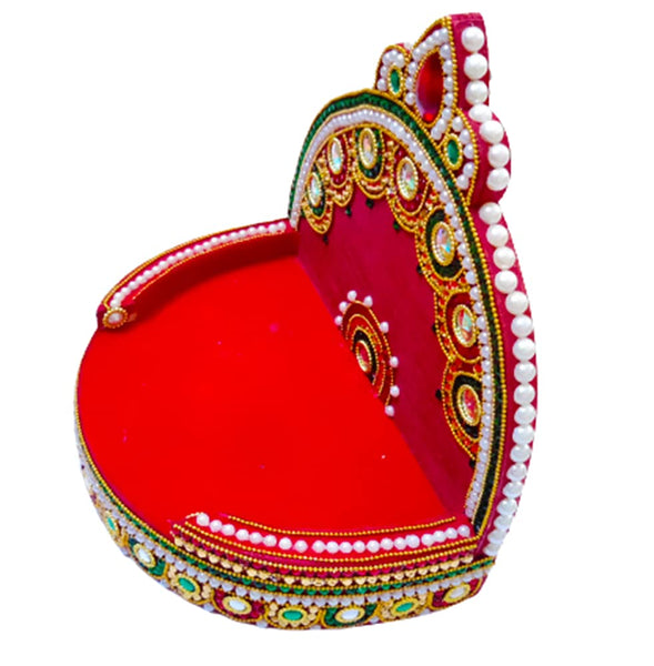 DMS RETAIL Wooden Handcrafted Pearl Stone Studded Red Velvet Sinhasan for Mandir|Sihasan for Laddu Gopal|Shihasan for God (10 Inch) dmsretail