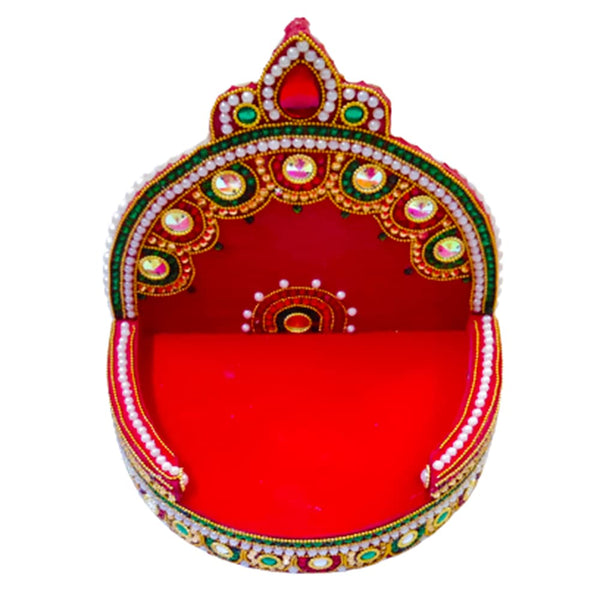 DMS RETAIL Wooden Handcrafted Pearl Stone Studded Red Velvet Sinhasan for Mandir|Sihasan for Laddu Gopal|Shihasan for God (10 Inch) dmsretail