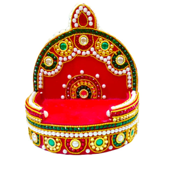 DMS RETAIL Wooden Handcrafted Pearl Stone Studded Red Velvet Sinhasan for Mandir|Sihasan for Laddu Gopal|Shihasan for God (10 Inch) dmsretail