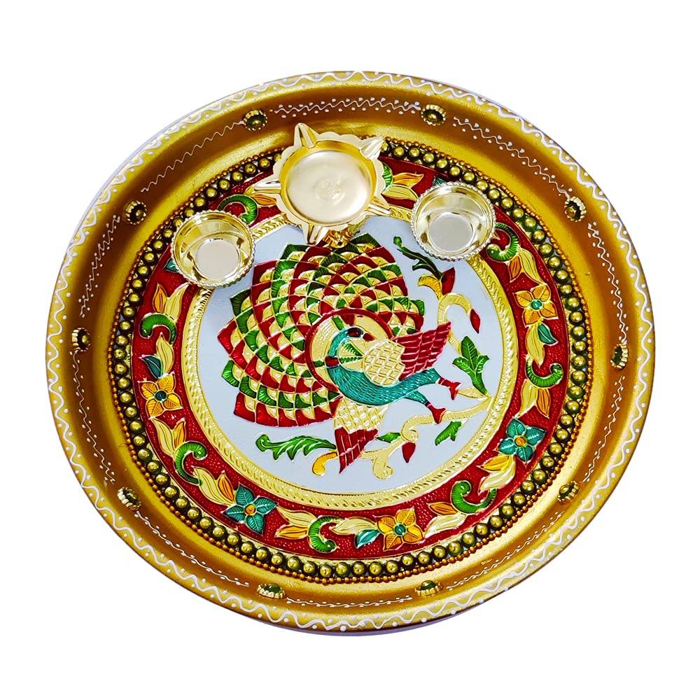 DMS RETAL Stainless Steel Puja Thali Set with Diya Kum Kumkum Holder for Temple and Home| Decorative Rakhi Thali|Tilak Thali dmsretail
