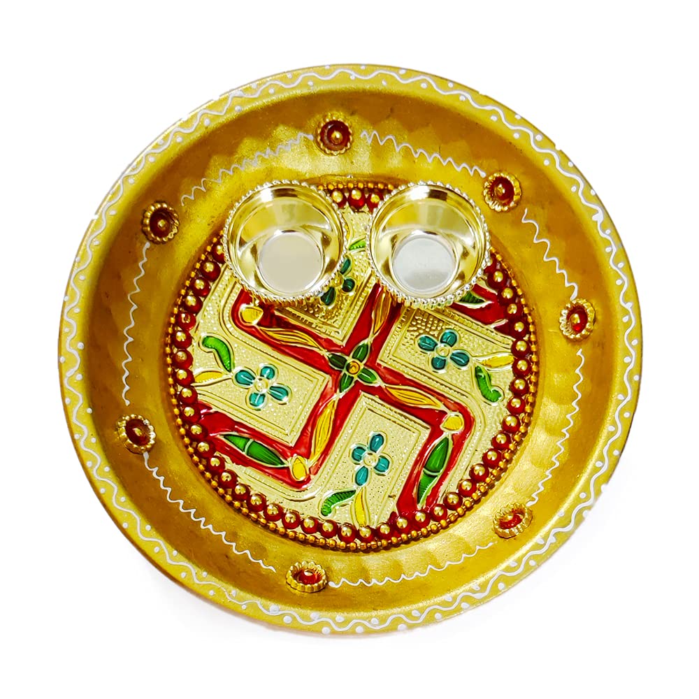 DMS RETAL Stainless Steel Puja Thali Set with Kumkum Holder for Temple and Home| Decorative Rakhi Thali|Tilak Thali 6X6 Inch (Swastik 6x6 Inch) dmsretail