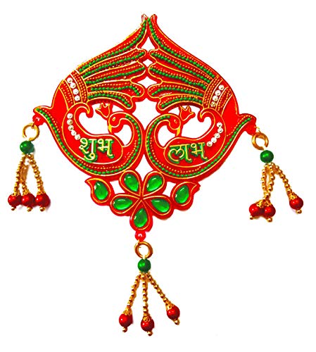 DMS Retail Acrylic Handcrafted Peacock Shubh Labh with Zoomar Sticker for Wall Decoration Shubh Labh Stickers for Doors dmsretail