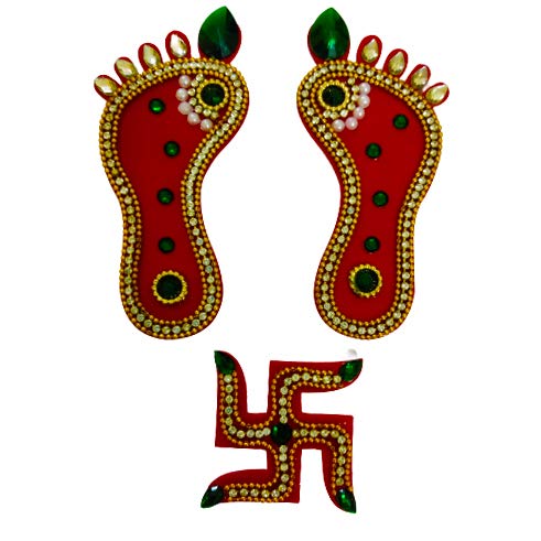 DMS Retail Acrylic Handcrafted Stone Pearl Studded Swastik Laxmi Feet
