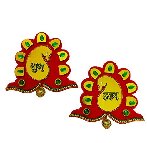 DMS Retail Acrylic Handcrafted Stone Studded Peacock Shubh Labh Sticker for Door Entrance Hanging Wall Decoration Diwali Decoration A Hindu Symbol Big Size (5X5) Inches dmsretail