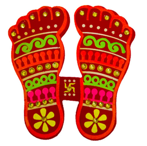 DMS Retail Bandhni Printed Wooden Pasuka Laxmi Feet Sticker for Home Entrance Decoration Floor Wall Diwali Decoration Hindu Symbol (4X4) Inches Big Size Pack of (2) dmsretail