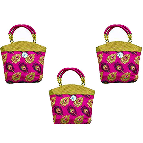 DMS Retail Brocade Handbag Pack Of 3 Bag Pink For Return Gift Favor dmsretail