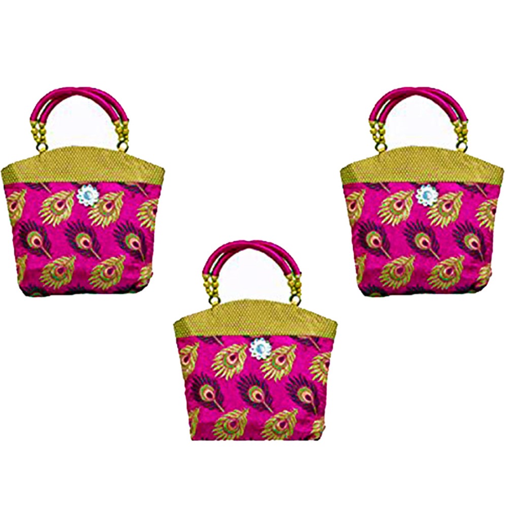 DMS Retail Brocade Handbag Pack Of 3 Bag Red For Return Gift Favor