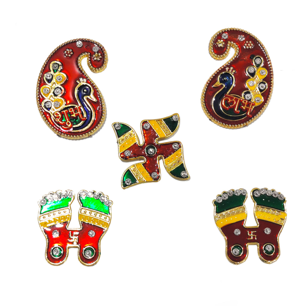 DMS Retail Creation Kundan Studded Metal Keri Shubh Labh Laxmi Feet Swastik Sticker for Door Entrance Decoration - Home Decoration |Floor Decoration-Complete Pack dmsretail