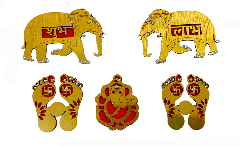 DMS Retail Creation Wooden Designer Elephant Shape Laxmi Feet Shubh Labh Sticker for Door Decoration Swastik Stickers for Floor Decoration - Complete Package for Diwali Decoration dmsretail