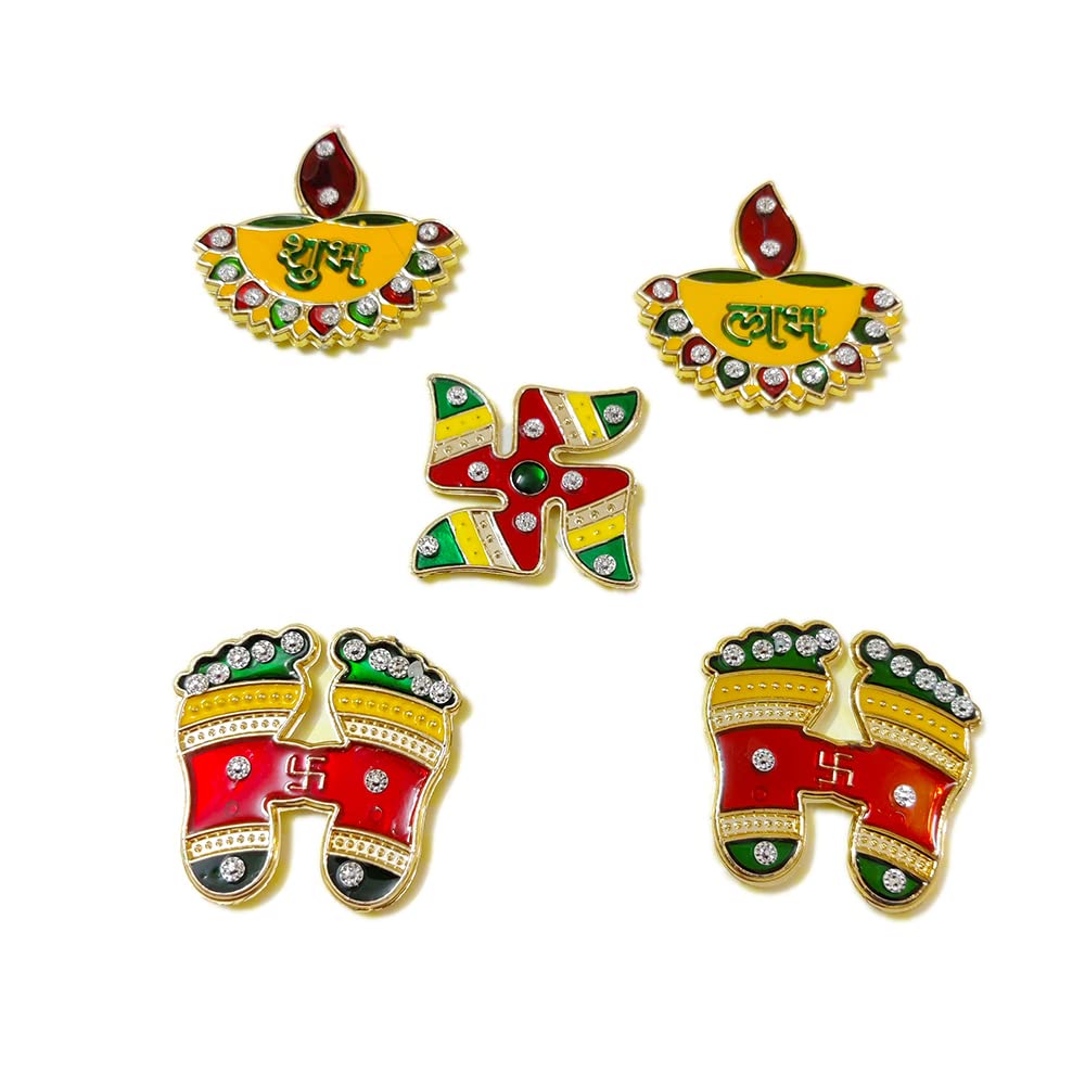 DMS Retail Metal Diya Shubh Labh Laxmi Feet Swastik Sticker for Door Entrance Decoration - Home Decoration |Floor Decoration-Complete Family Pack dmsretail