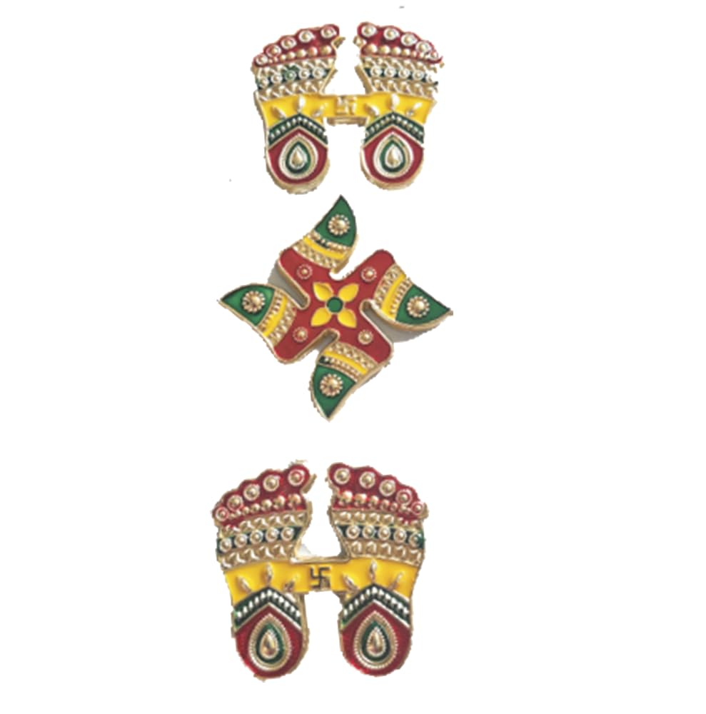 DMS Retail Metal Stone and Pearl Studded Multicolor Combo of Laxmi Charan Swastik Sticker for Door Decoration Swastik Stickers for Floor Decoration Diwali Decoration Pagla Set dmsretail