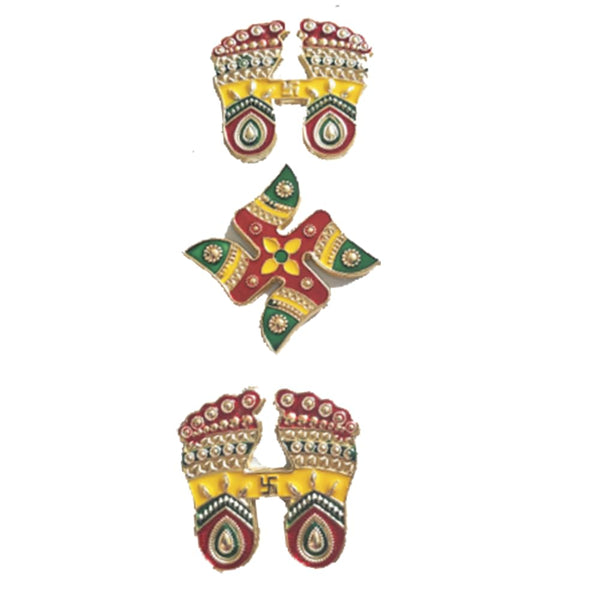 DMS Retail Metal Stone and Pearl Studded Multicolor Combo of Laxmi Charan Swastik Sticker for Door Decoration Swastik Stickers for Floor Decoration Diwali Decoration Pagla Set dmsretail
