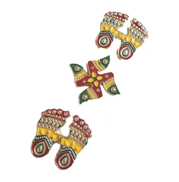 DMS Retail Metal Stone and Pearl Studded Multicolor Combo of Laxmi Charan Swastik Sticker for Door Decoration Swastik Stickers for Floor Decoration Diwali Decoration Pagla Set dmsretail