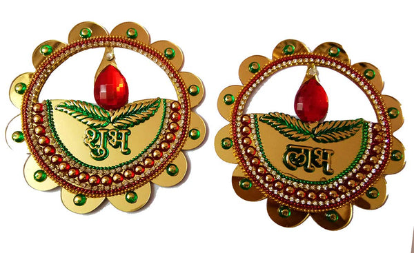DMS Retail Multicolor Acrylic Flower Border Diya Shape Shubh Labh Sticker for Wall Decoration Shubh Labh for Door Decoration Diwali Decoration dmsretail