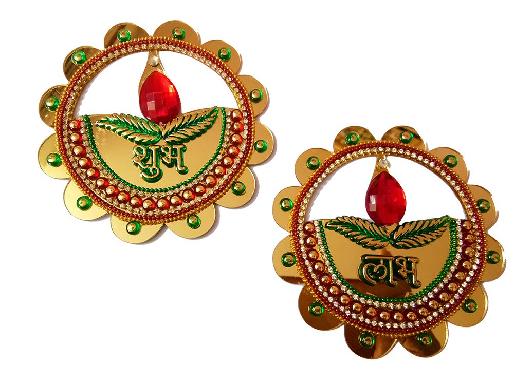 DMS Retail Multicolor Acrylic Flower Border Diya Shape Shubh Labh Sticker for Wall Decoration Shubh Labh for Door Decoration Diwali Decoration dmsretail