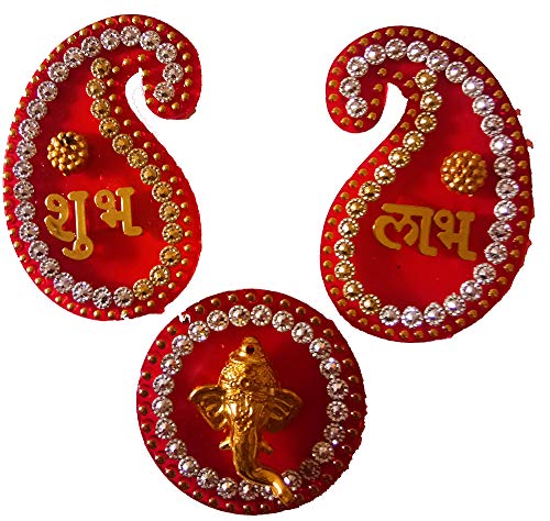 DMS Retail Multicolor Acrylic Keri Shape Shubh Labh Ganesh Sticker for Wall Decoration Shubh Labh for Door Decoration Diwali Decoration dmsretail