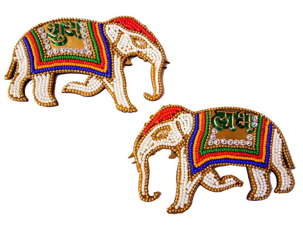 DMS Retail Multicolor Acrylic PPearl Studded Elephant Shape Shubh Labh Sticker for Wall Decoration Shubh Labh for Door Decoration Diwali Decoration Big Size dmsretail