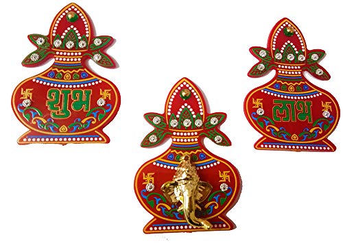 DMS Retail Multicolor Acrylic Stone Studded Printed Shubh Labh Ganesh Kalash Sticker for Wall Decoration Shubh labh Door Decoration Diwali Decoration dmsretail