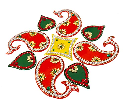 DMS Retail Multicolor Kundan Studded Handcrafted Decorative Rangoli Set for Floor Decoration Table Decorations- Diwali Decoration Items for Home Reusable Rangoli- 9 PCS dmsretail
