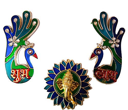 DMS Retail Multicolor Metal Base Shubh Labh Ganesh Peacock Sticker