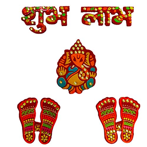 DMS Retail Printed Wooden Laxmi Feet Ganesh Shubh Labh Sticker for Door Entrance Home Decoration Wall Diwali Decoration Hindu Symbol - A Complete Pack dmsretail