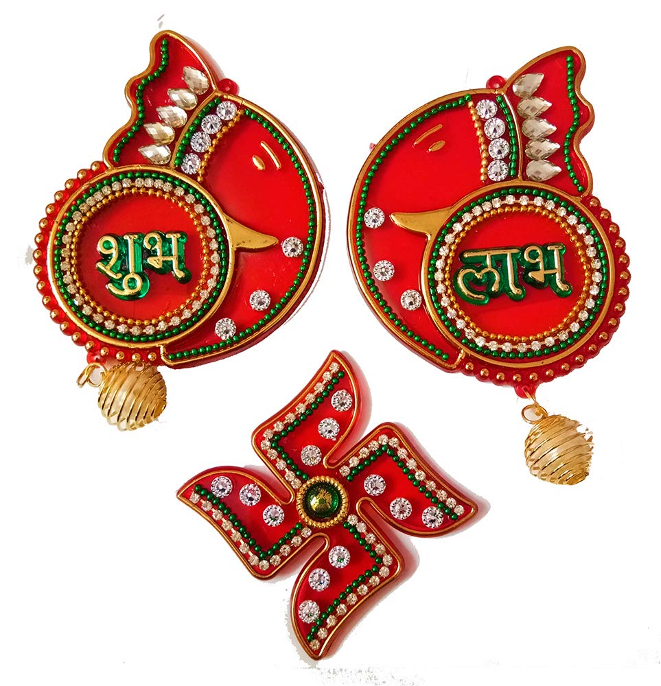 DMS Retail Red Acrylic Shubh Labh in Ganesh Sticker and Swastik Sticker for Wall Decoration Shubh Labh Door Decoration for Diwali Decoration dmsretail