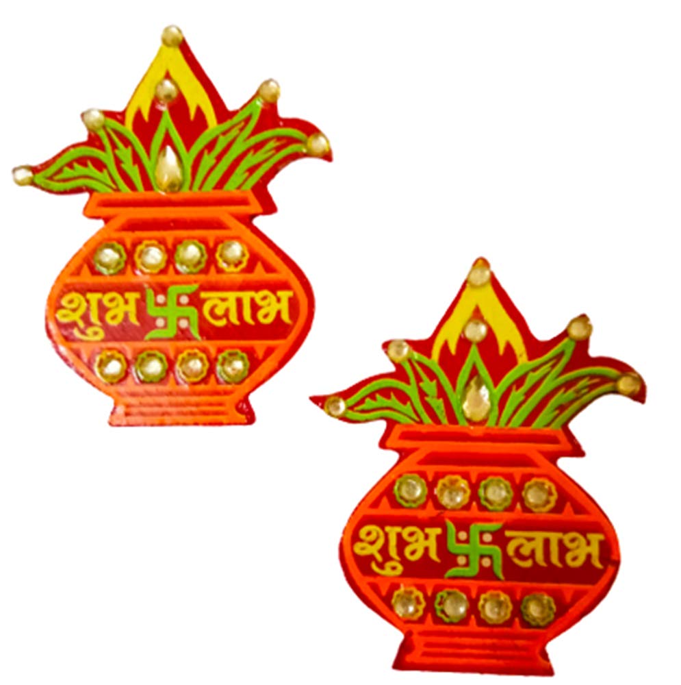 DMS Retail Wooden Bandhani Shubh Labh Swastik Printed Kalash Sticker for Home Decoration Floor Wall Diwali Decoration Hindu Symbol 6 CMS Set of 4 dmsretail