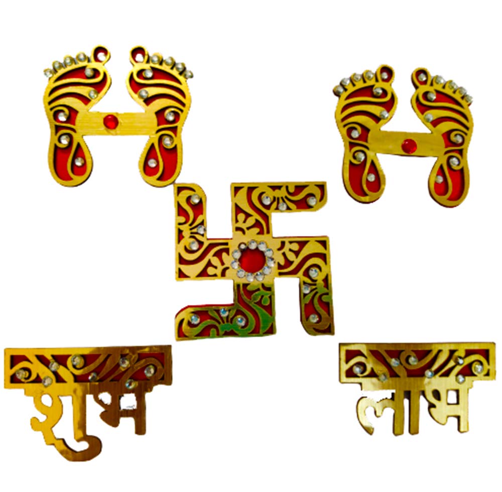 DMS Retail Wooden Laxmi Feet Shubh Labh Swastik Sticker for Door Entrance Home Decoration Wall Decoration Diwali Festive Hindu Symbol - A Complete Pack dmsretail