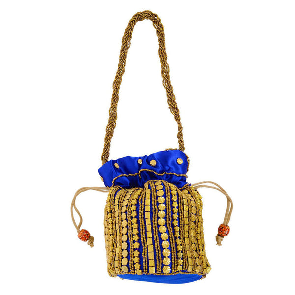 Designer Beads Studded Handcrafted Silk Potli Bag Blue dmsretail