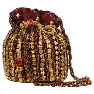 Designer Beads Studded Handcrafted Silk Potli Bag Coffee dmsretail