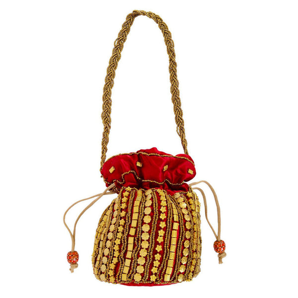 Designer Beads Studded Handcrafted Silk Potli Bag Red dmsretail