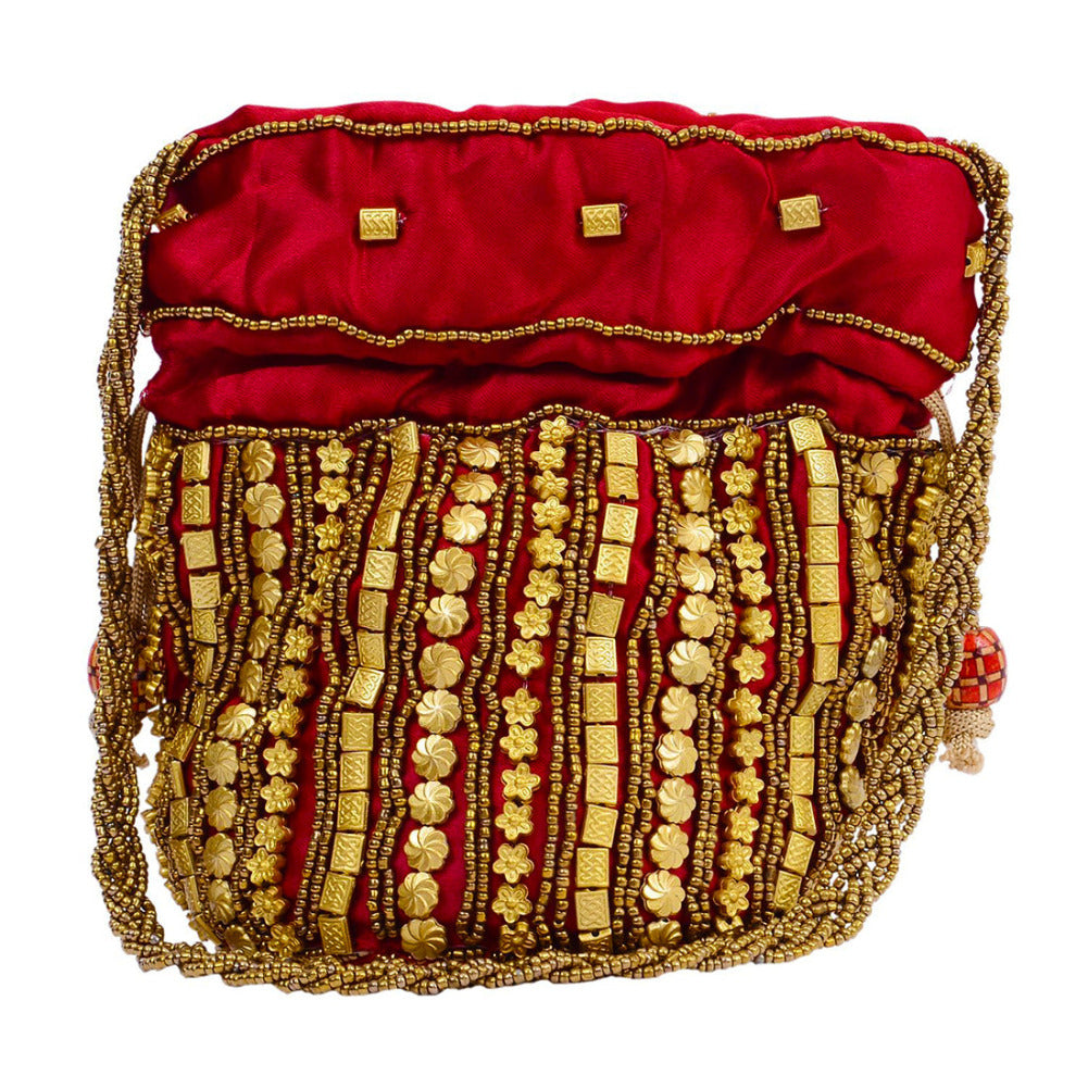 Designer Beads Studded Handcrafted Silk Potli Bag Red dmsretail