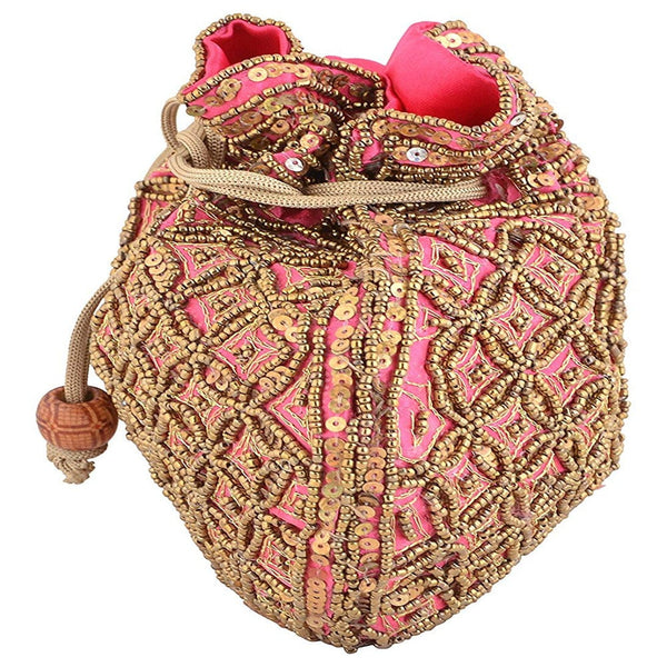 Designer Handcrafted Beads Studded Batwa Potli Bag For Women Pink dmsretail