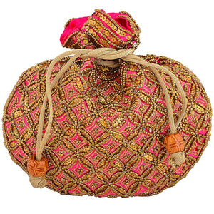 Designer Handcrafted Beads Studded Batwa Potli Bag For Women Pink dmsretail