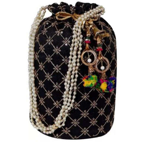 Designer Jardosh Embroidered Silk Potli Bag With Meal Beadwork And Pearl Drawstings Black dmsretail