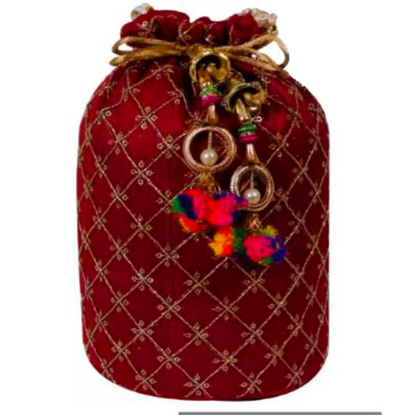 Designer Jardosh Embroidered Silk Potli Bag With Meal Beadwork And Pearl Drawstings Maroon dmsretail