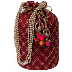 Designer Jardosh Embroidered Silk Potli Bag With Meal Beadwork And Pearl Drawstings Maroon dmsretail