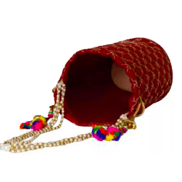 Designer Jardosh Embroidered Silk Potli Bag With Meal Beadwork And Pearl Drawstings Maroon dmsretail