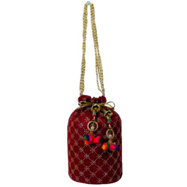 Designer Jardosh Embroidered Silk Potli Bag With Meal Beadwork And Pearl Drawstings Maroon dmsretail