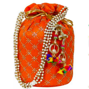 Designer Jardosh Embroidered Silk Potli Bag With Meal Beadwork And Pearl Drawstings Orange dmsretail