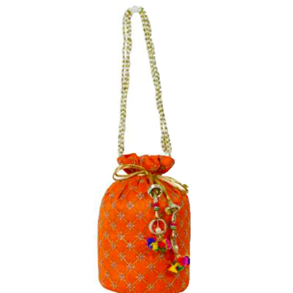 Designer Jardosh Embroidered Silk Potli Bag With Meal Beadwork And Pearl Drawstings Orange dmsretail